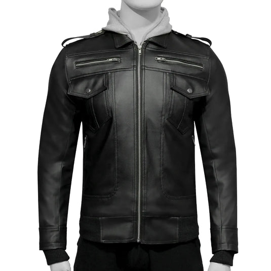 Samuel Black Leather Jacket with Grey Hood