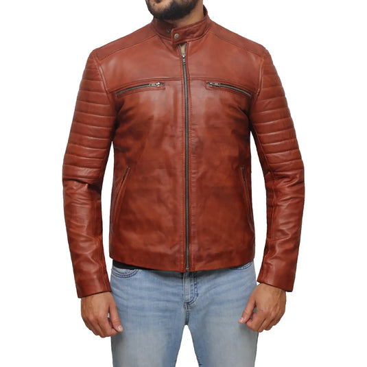 Ethan Waxed Brown Sheepskin Leather Jacket for Mens