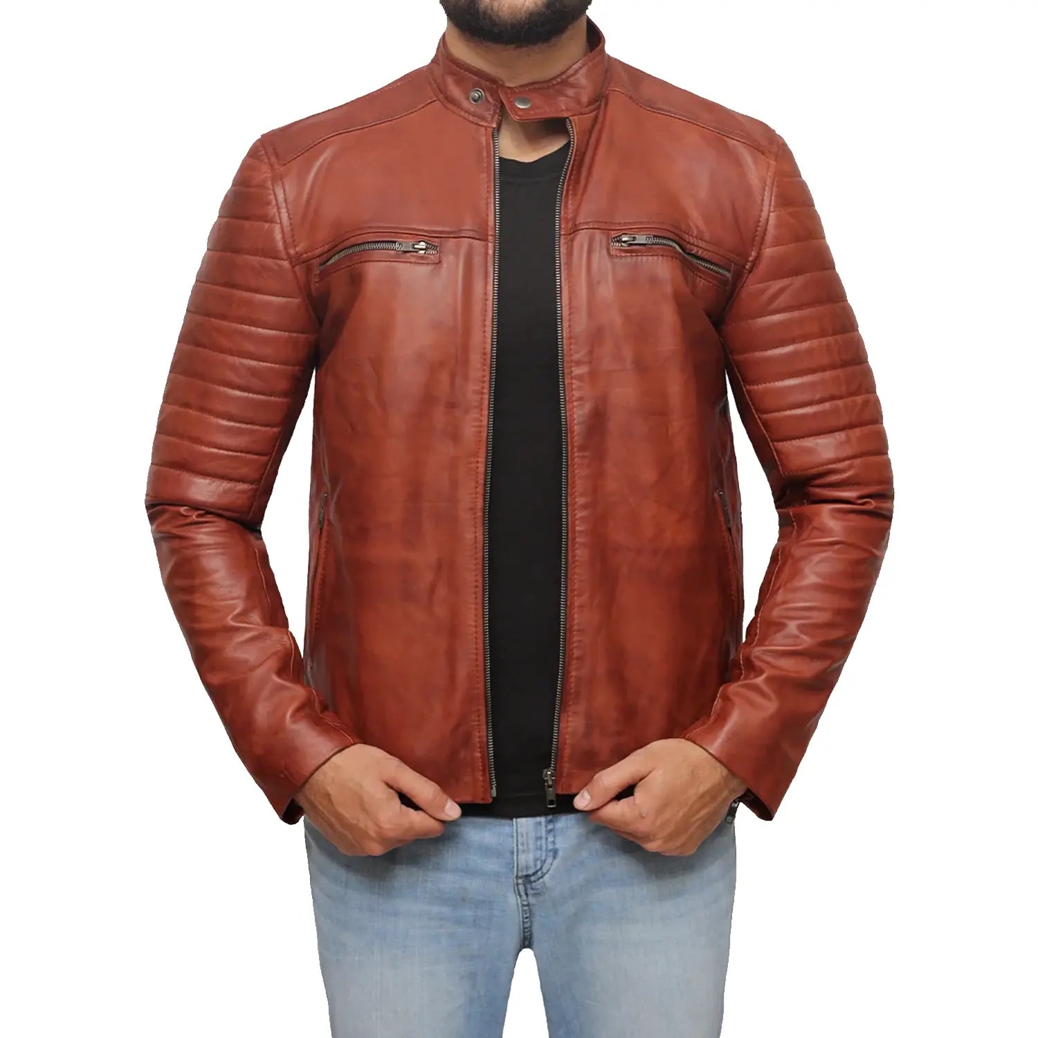 Ethan Waxed Brown Sheepskin Leather Jacket for Mens