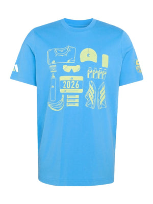 Unisex short-sleeve t-shirt in blue recreated by Adidas featuring Boston Marathon 2026 graphics and casual fit