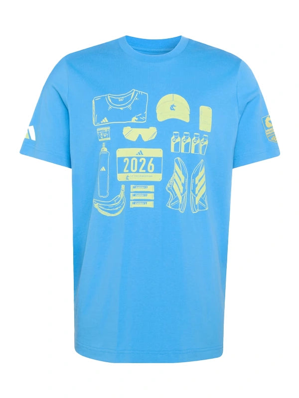 Unisex short-sleeve t-shirt in blue recreated by Adidas featuring Boston Marathon 2026 graphics and casual fit