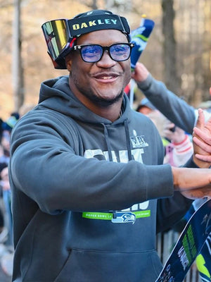 Recreated grey fleece pullover hoodie celebrating the Seahawks’ Super Bowl LX title with Pickoff Move Parade Club styling