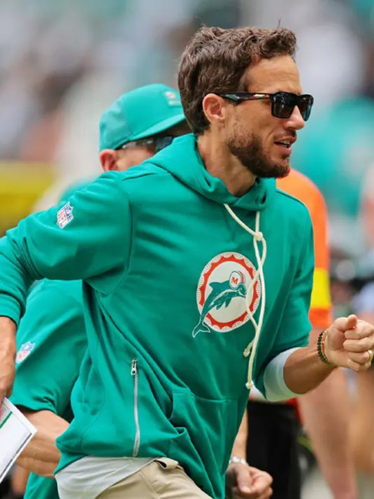 Nike aqua Dri-FIT sideline hoodie inspired by Miami Dolphins head coach Mike McDaniel Standard Issue Alt 2 design