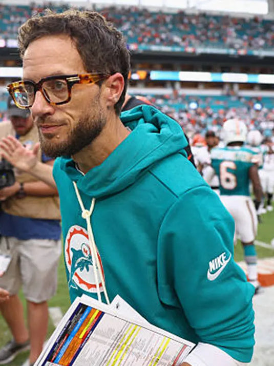 Aqua Miami Dolphins sideline hoodie recreation featuring Standard Issue Alt 2 design and Mike McDaniel styling