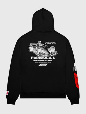 Formula 1 x Malbon Fesque Pit Sketch Hoodie crafted with smooth fleece texture and modern motorsport-themed design