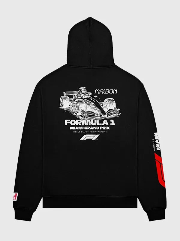 Formula 1 x Malbon Fesque Pit Sketch Hoodie crafted with smooth fleece texture and modern motorsport-themed design
