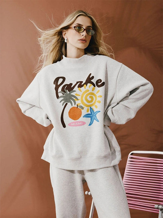 Recreated Parke Miami Graphic Mockneck Fleece Sweatshirt in grey featuring bold city-style print.