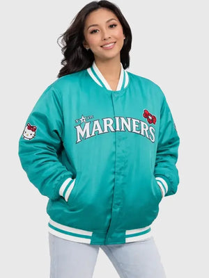 RECREATED Michelle Villafuerte Seattle Mariners Hello Kitty Green Bomber Jacket featuring a bold silhouette with playful character-inspired detailing
