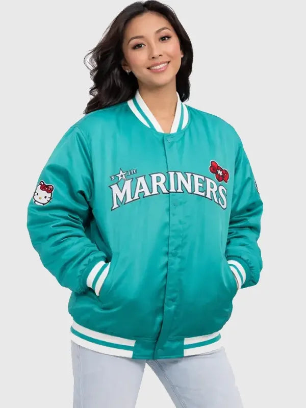 RECREATED Michelle Villafuerte Seattle Mariners Hello Kitty Green Bomber Jacket featuring a bold silhouette with playful character-inspired detailing