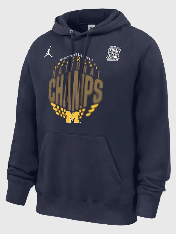Recreated Michigan Wolverines Jordan 2026 NCAA Men’s Basketball National Champions locker room hoodie in navy with bold team graphics