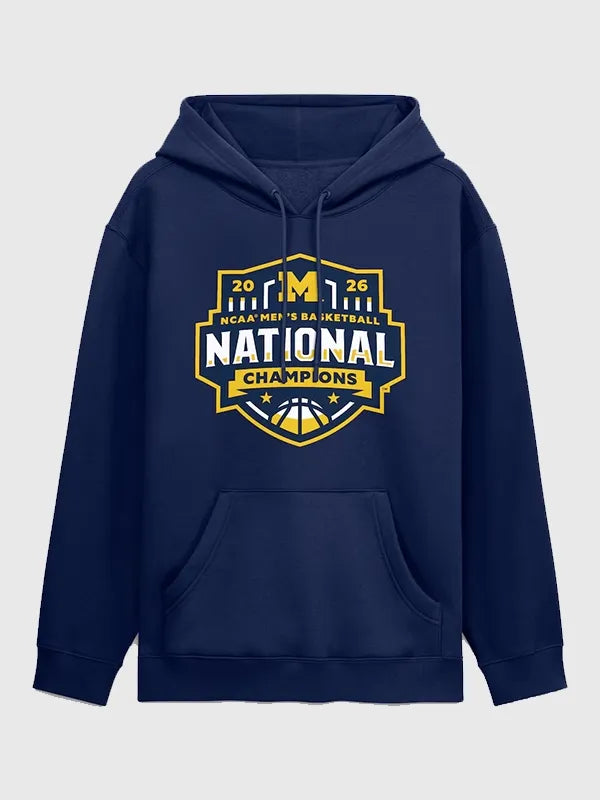 Recreated Michigan Wolverines 2026 NCAA Men’s Basketball National Champions Half-Court Hero hoodie with bold graphic design and cozy fleece build
