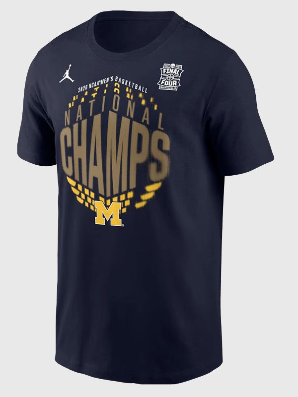 Recreated unisex Michigan Wolverines Jordan 2026 NCAA Men’s Basketball National Champions locker room t-shirt in navy with bold team graphics