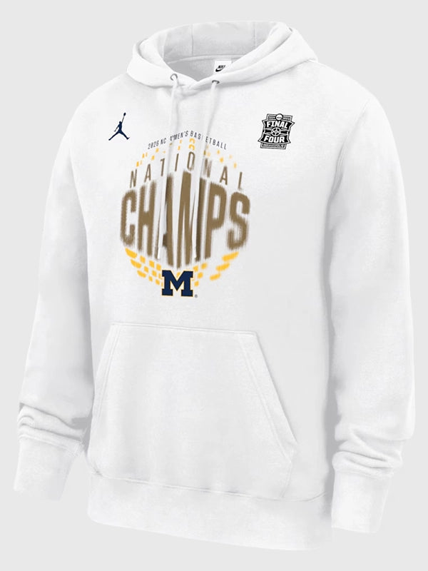 Recreated Michigan Wolverines Jordan 2026 NCAA Men’s Basketball National Champions Locker Room Hoodie in white featuring premium collegiate championship design and bold team branding