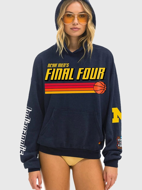 RECREATED Michigan Wolverines Aviator Nation 2026 Final Four Hoodie in Navy offering a comfortable oversized fit with plush fleece feel