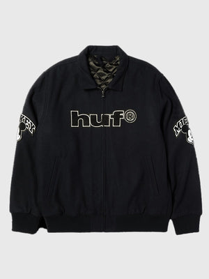 Recreated Disney x HUF Mickey Worldwide Tour black wool varsity jacket.