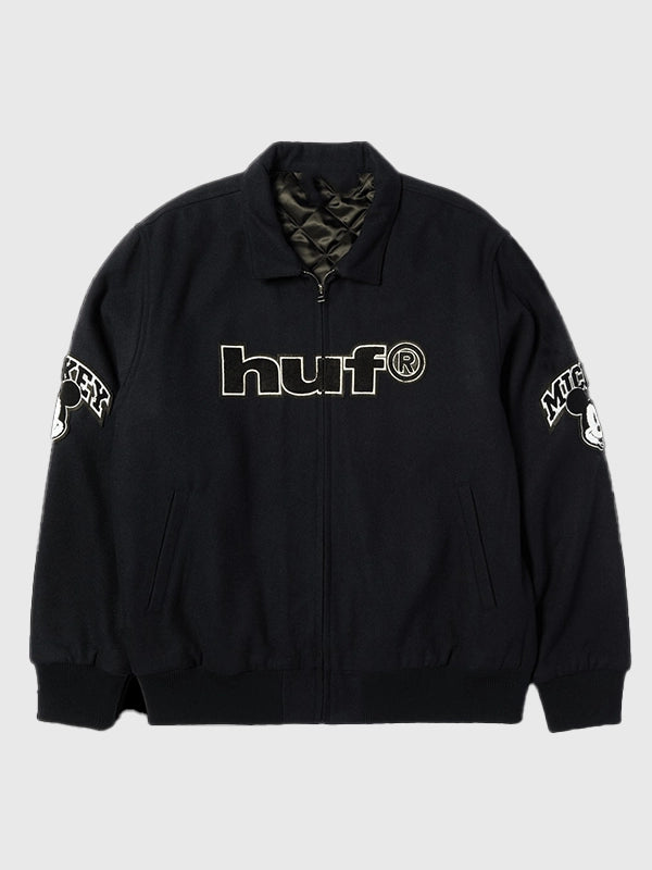 Recreated Disney x HUF Mickey Worldwide Tour black wool varsity jacket.