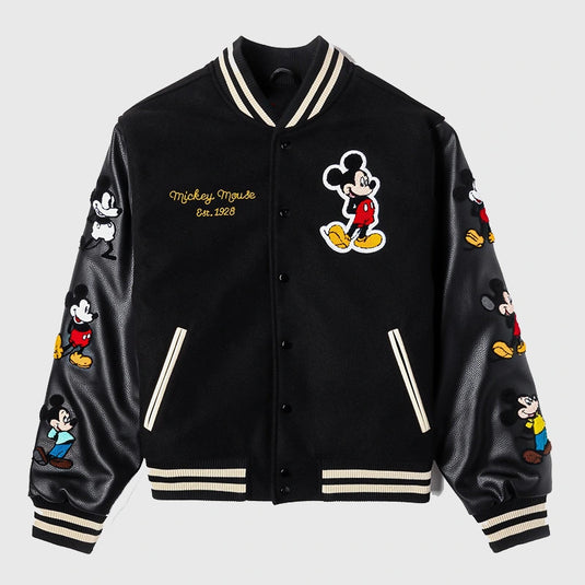 Mickey Icon black varsity jacket by Shoe Palace with button-up front and contrast detailing.