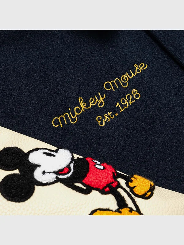 Disney Mickey Icon varsity jacket in navy and tan from the Shoe Palace collaboration.