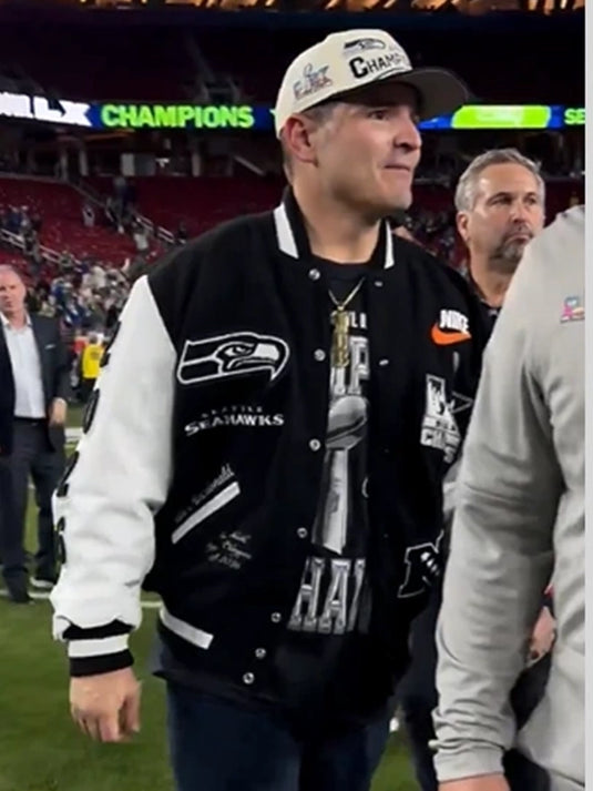 Seattle Seahawks 2026 Super Bowl LX Champions varsity jacket with black wool body, white leather sleeves, and team patches