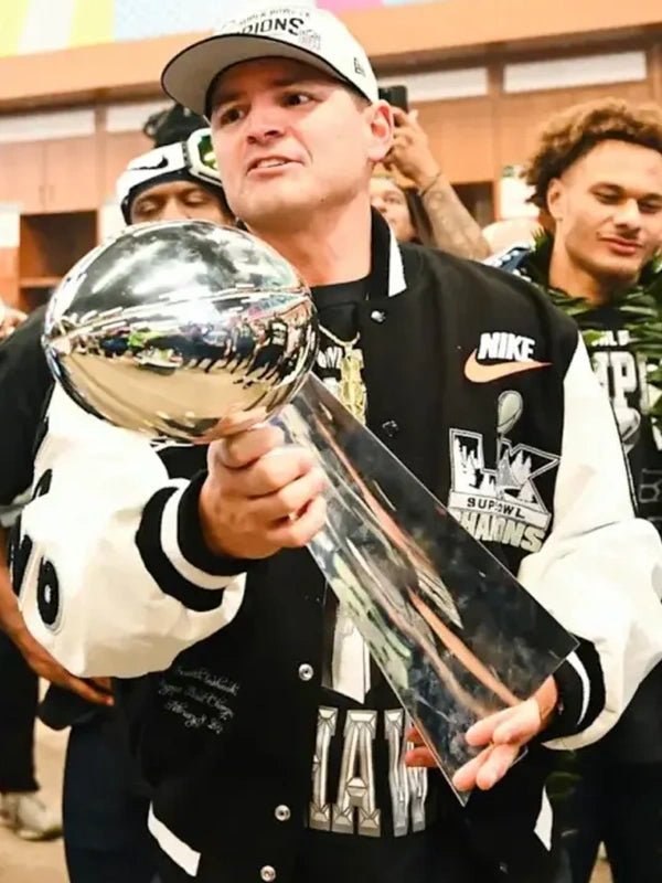 Black and white varsity jacket inspired by Seattle Seahawks Coach Mike Macdonald and Super Bowl LX championship celebration