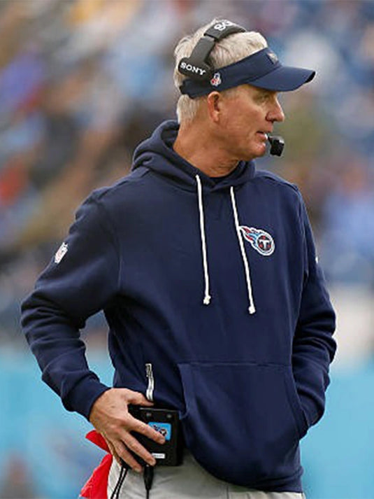 Comfortable navy Tennessee Titans 2025 Nike fleece hoodie inspired by Mike McCoy’s sideline outfit.