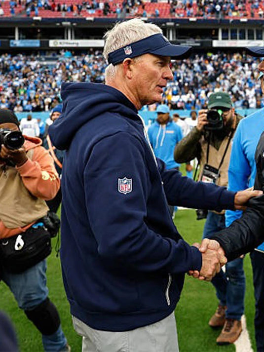 Tennessee Titans Nike club fleece hoodie in navy inspired by Mike McCoy’s 2025 sideline look.