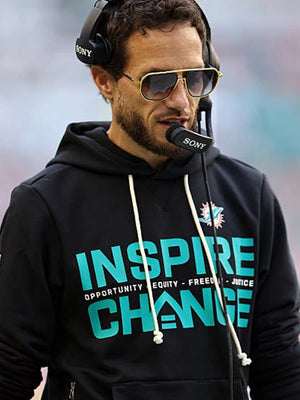 Miami Dolphins Inspire Change black hoodie featuring Nike sideline styling and bold social message