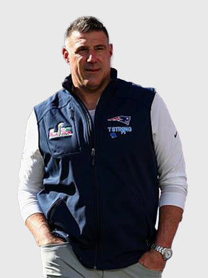 Recreated Mike Vrabel Patriots sideline vest in navy with T Strong graphic and performance-oriented fleece material