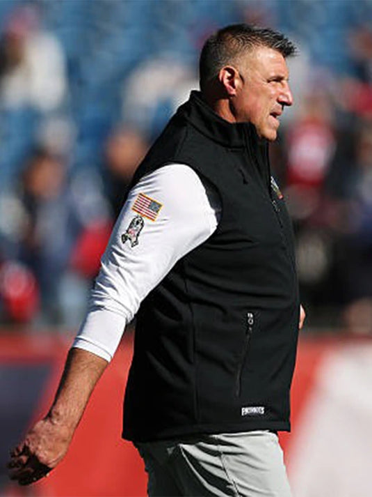 Mike Vrabel New England Patriots 2025 Black Vest featuring sleek, sporty sideline design.