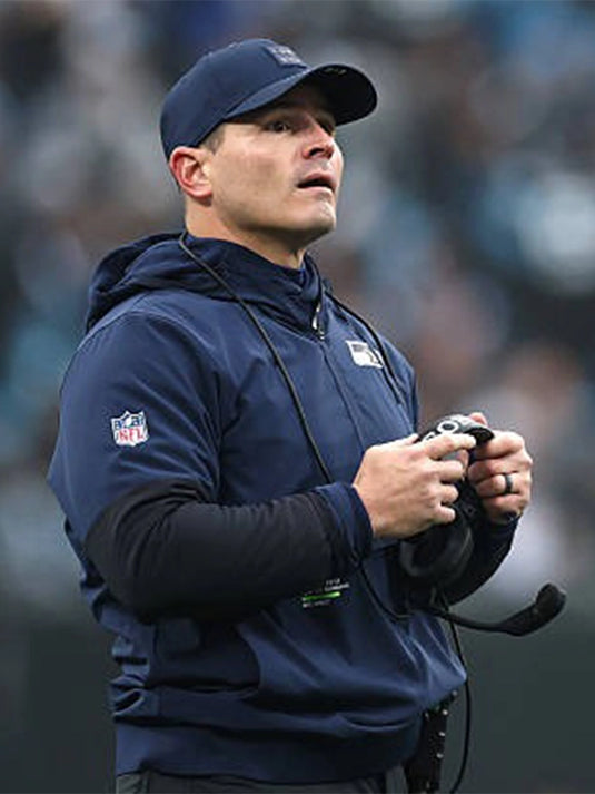 Seattle Seahawks half-zip hooded anorak jacket in navy inspired by Mike MacDonald sideline look, recreation version