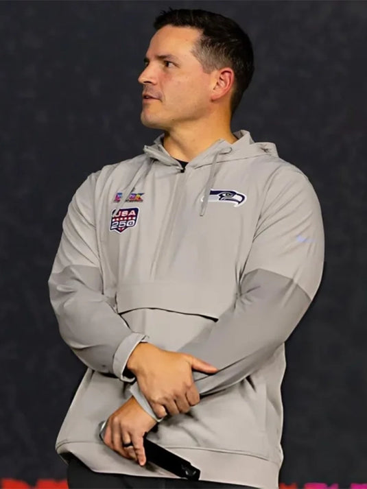 Recreated Seahawks Super Bowl LX Opening Night jacket in grey with a half-zip anorak style and team-inspired accents linked to Mike MacDonald’s coaching attire.