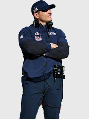 Recreated navy Seahawks half-zip anorak jacket featuring Mike MacDonald coaching style and team-inspired design