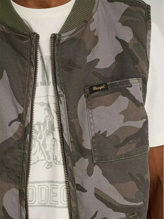 Grey camouflage Wrangler Stranger Things season 5 vest with clean lines and versatile layering appeal