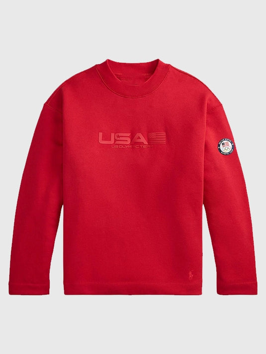 Red fleece mockneck sweatshirt featuring Team USA Olympic details from Polo Ralph Lauren Milano Cortina 2026 line
