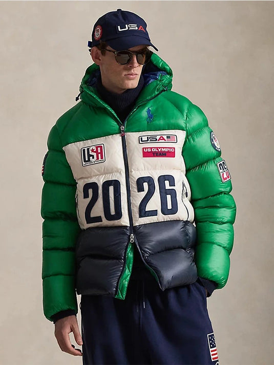 RECREATED Polo Ralph Lauren Team USA 2026 Winter Olympics Closing Ceremony Hawthorne puffer jacket in green and white with insulated warmth