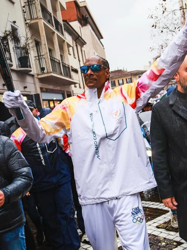 Recreated Milano Cortina 2026 Winter Olympics jacket in white, with full-zip closure and torchbearer-inspired design elements referencing Snoop Dogg.