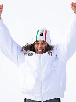 Team Italy EA7 white ski jacket inspired by Federica Brignone Milano Cortina 2026 Winter Olympic design, smooth zip front and sporty fit