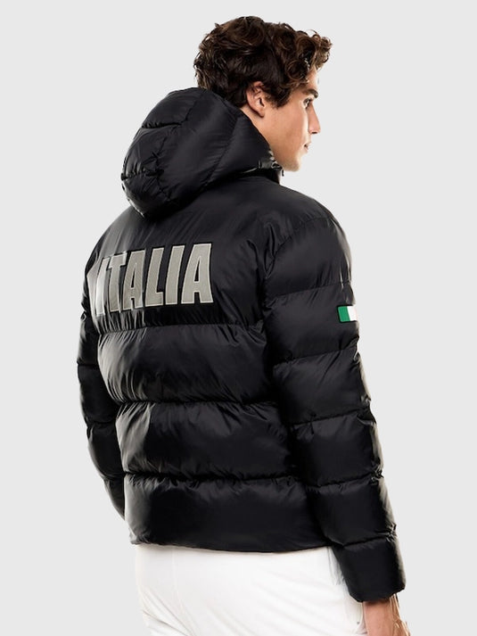 EA7 Emporio Armani Team Italy black puffer jacket with hooded design for versatile layering and cold-weather wear