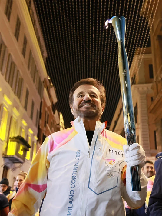 White full-zip hooded jacket recreated from the Milano Cortina 2026 Winter Olympics Torchbearer theme