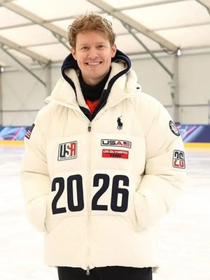 Recreated Milano Cortina 2026 Winter Olympics Evan Bates Team USA flagbearer jacket in off-white with insulated full-zip design and athletic silhouette