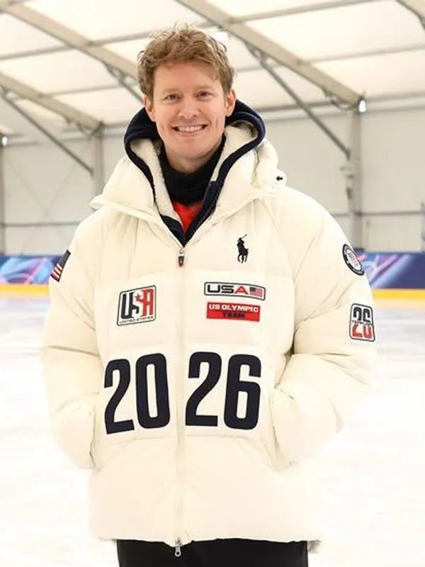 Recreated Milano Cortina 2026 Winter Olympics Evan Bates Team USA flagbearer jacket in off-white with insulated full-zip design and athletic silhouette