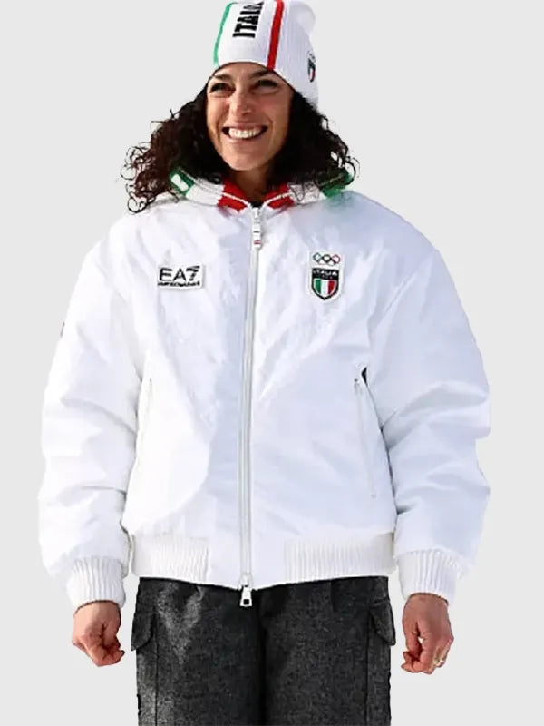 Recreated Winter Olympic Milano Cortina 2026 Federica Brignone EA7 Team Italy jacket featuring stand collar and sleek athletic silhouette