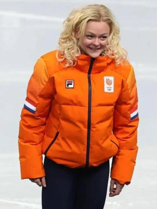Team Netherlands orange puffer jacket inspired by Xandra Velzeboer Milano Cortina 2026 opening ceremony look, warm quilted construction