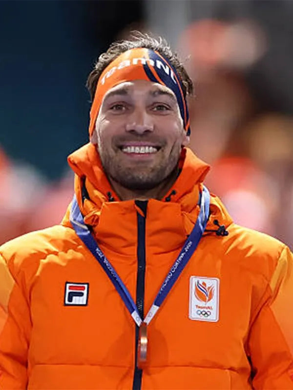 Recreated Winter Olympics 2026 Milano Cortina Team Netherlands orange puffer jacket featuring full-zip front and modern silhouette
