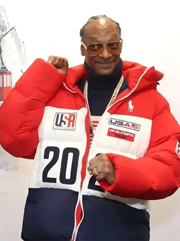 Recreated red and white Team USA puffer jacket by Polo Ralph Lauren with hood and lightweight insulation for winter layering
