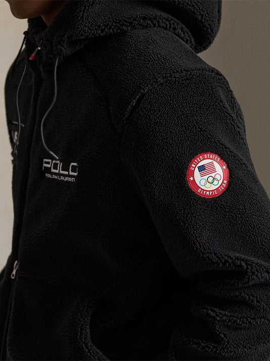 Black full-zip pile fleece hoodie inspired by Team USA Polo Ralph Lauren Olympic collection