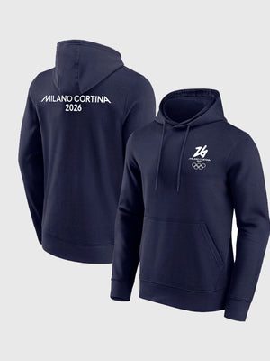 Navy fleece pullover hoodie featuring Milano Cortina 2026 Winter Olympics logos on front and back