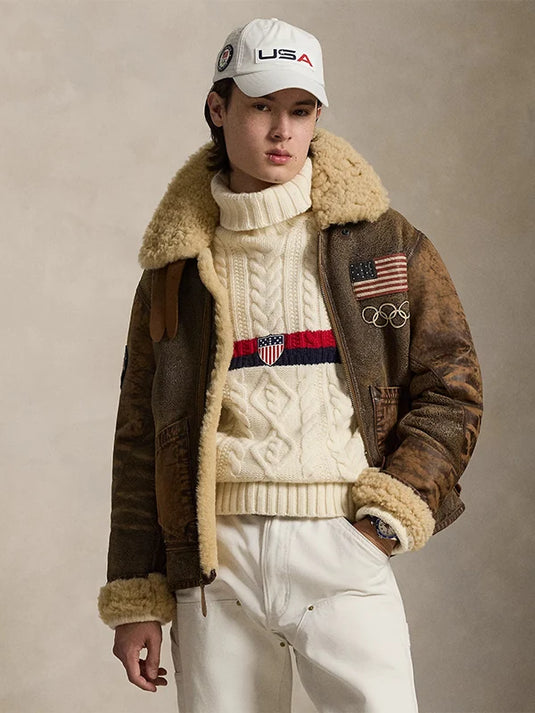 Recreated Polo Ralph Lauren Team USA leather flight jacket in brown featuring structured silhouette and vintage influence