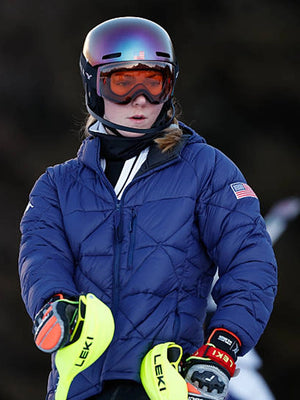 Recreated Milano Cortina 2026 Winter Olympics Mikaela Shiffrin blue puffer jacket featuring smooth zip closure and padded construction