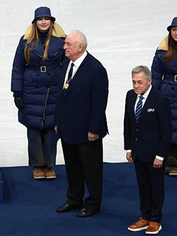 Winter Olympics 2026 Milano Cortina Victory Ceremony navy blue puffer coat offering enhanced coverage and lightweight warmth